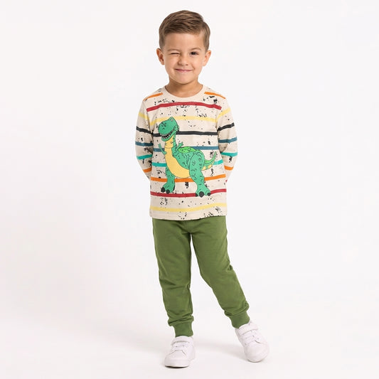 Boys 2-Piece Striped Dinosaur Long Sleeve Top & Olive Green Sweatpants Set