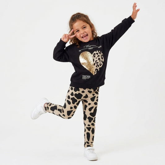 Girls Black "Happiness" Graphic Heart Top & Animal Print Leggings Outfit