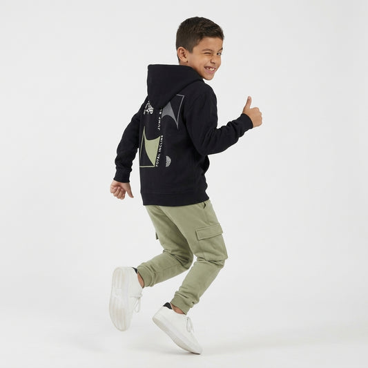 Boys 2-Piece Black Graphic Hoodie & Olive Green Cargo Pants Set