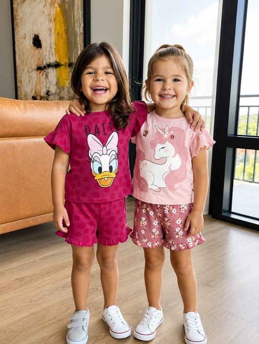 Pack of two Girls Pink Cartoon Summer Outfit Set – WR003G - Cotton T-Shirt & Printed Shorts |  Cute Toddler & Kids Clothing