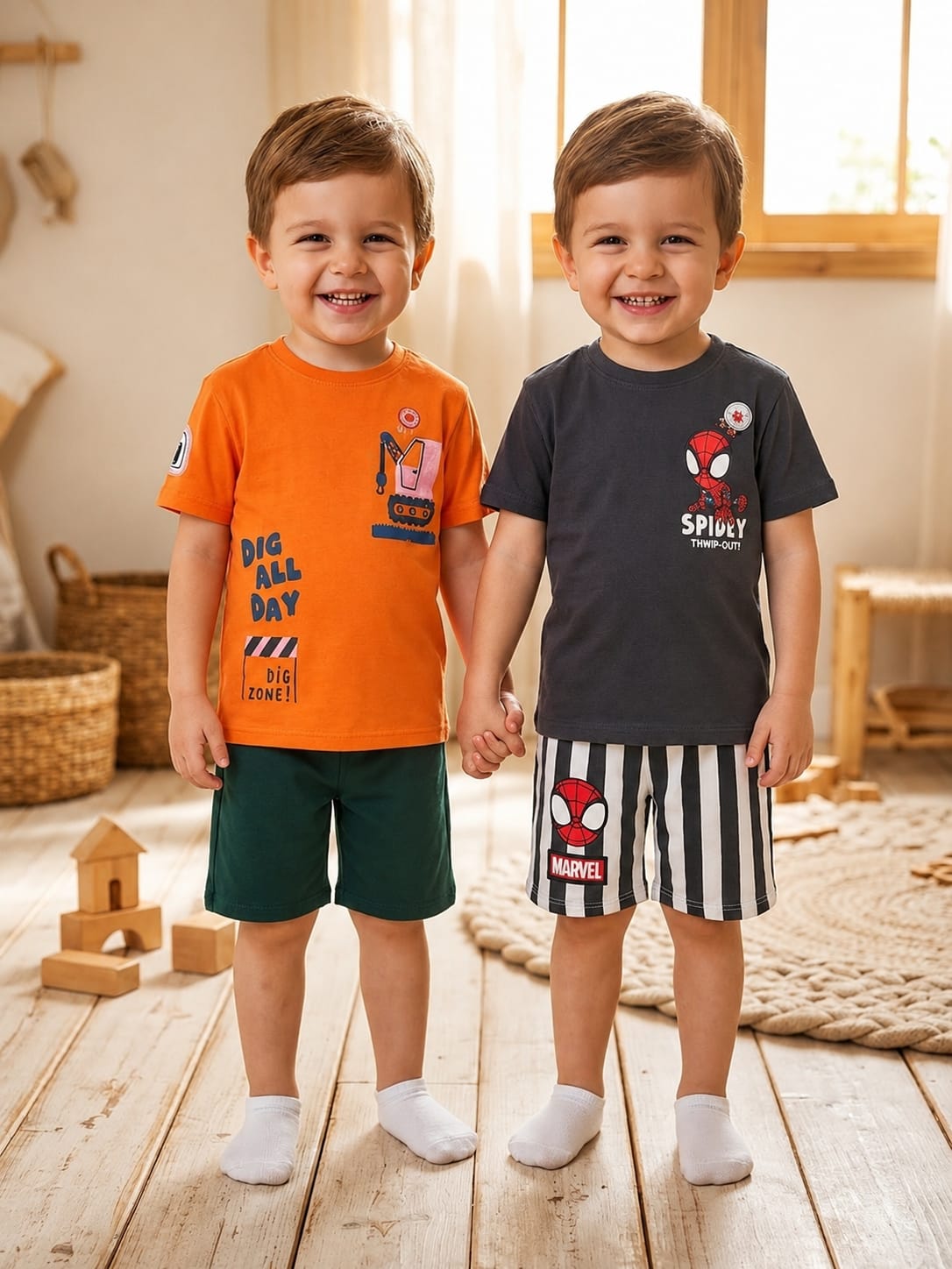 2-Pack Boys Cotton Summer Set – Graphic Print T-Shirt & Shorts – Spider & Construction Designs