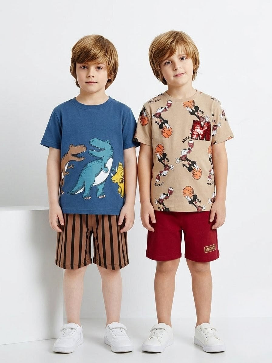 Pack of 2 Boys Dinosaur Print Summer Outfit – Blue Cotton T-Shirt & Brown Striped Short Pack of 2