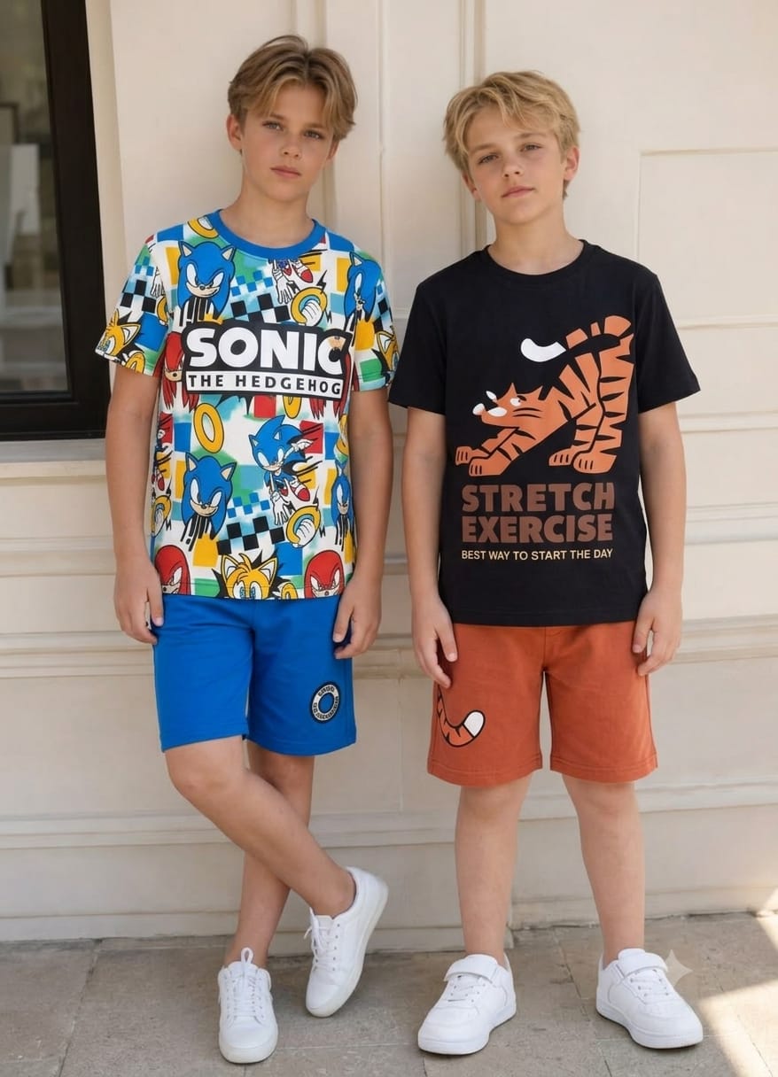 Pack of 2 Boys Sonic the Hedgehog Summer Set – Cartoon Printed T-Shirt & Blue Cotton Shorts – Kids Outfit