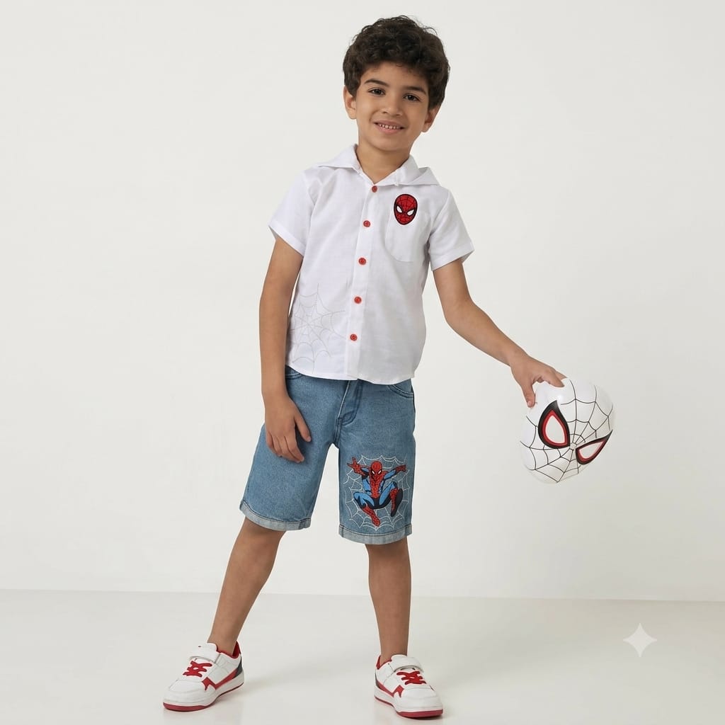 Marvel Spider-Man Boys Summer Outfit – White Button-Up Shirt & Denim Shorts Set – Casual Kids Clothing