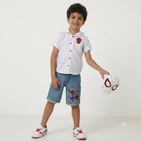 Marvel Spider-Man Boys Summer Outfit – White Button-Up Shirt & Denim Shorts Set | Casual Kids Clothing | B1102