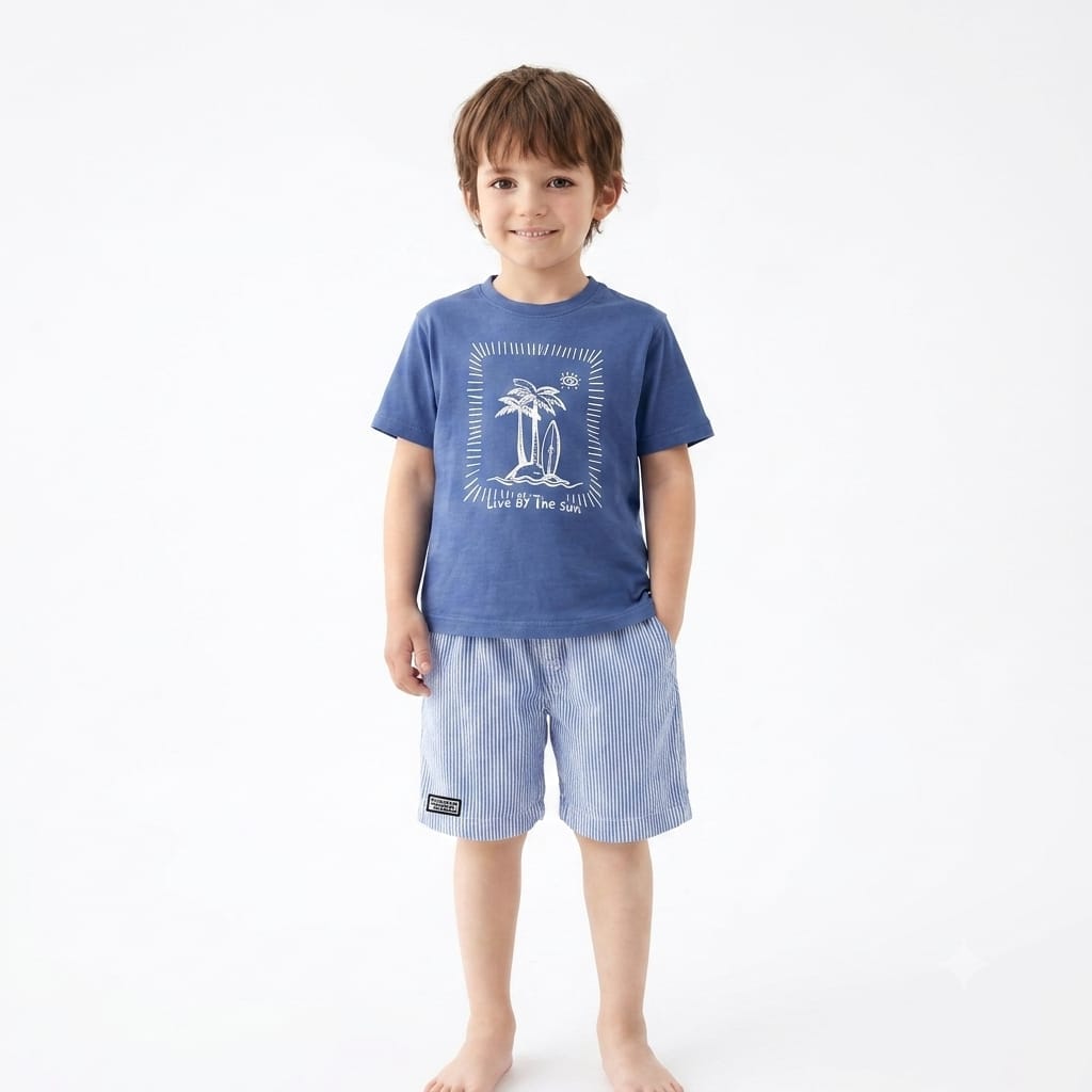 Boys Blue Surf Print T-Shirt & Striped Shorts Summer Outfit Set Set