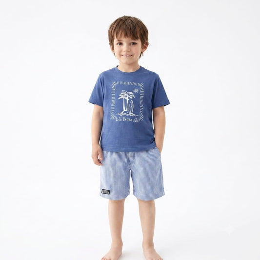 Boys Blue Surf Print T-Shirt & Striped Shorts Summer Outfit Set Set B218-6B