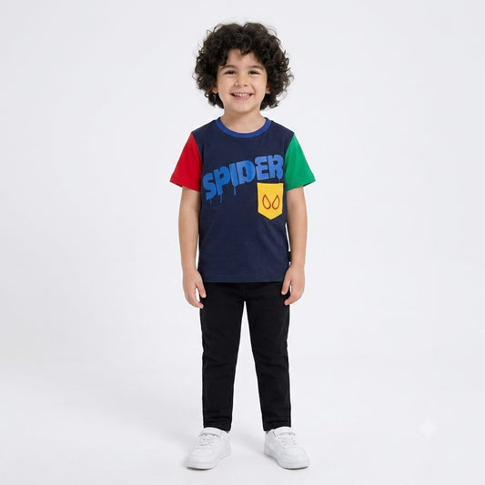 Boys Spider Color Block Cotton T-Shirt – Navy Blue | Summer Casual Tee|B1724