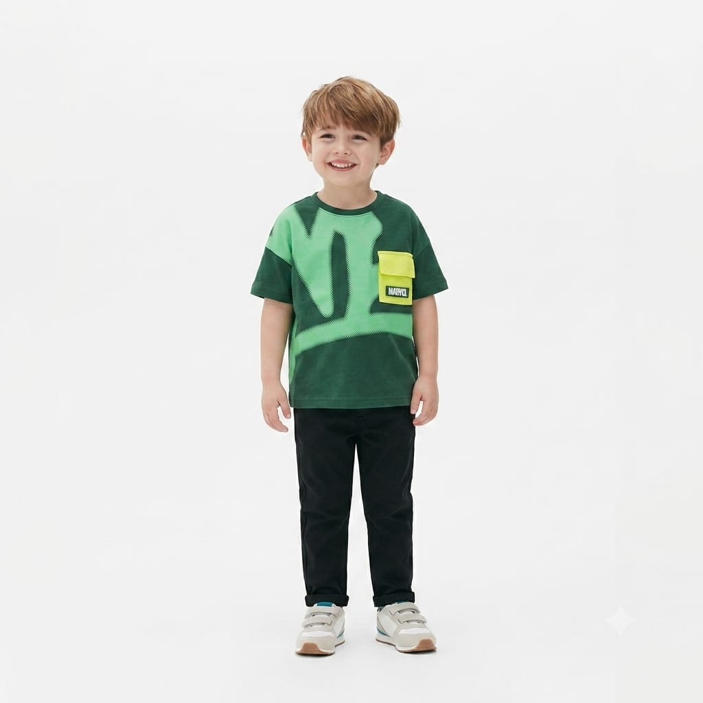 Boys’ Marvel Green Pocket T-Shirt | Casual Summer Cotton Tee|B1734