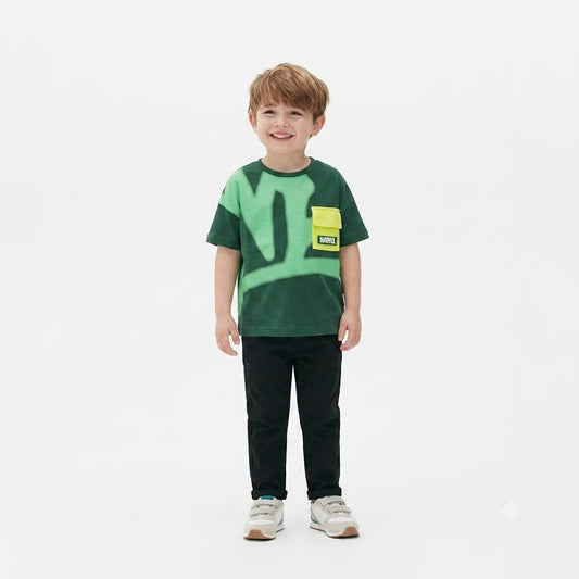Boys’ Marvel Green Pocket T-Shirt | Casual Summer Cotton Tee|B1734