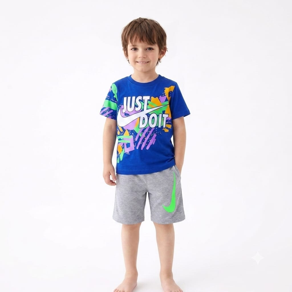 Nike Just Do It Boys Summer Outfit Set – Blue Graphic T-Shirt & Grey Shorts