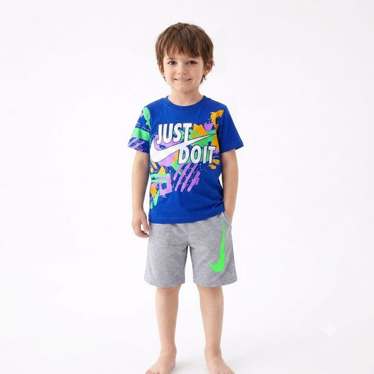 Nike Just Do It Boys Summer Outfit Set – Blue Graphic T-Shirt & Grey Shorts |B1601