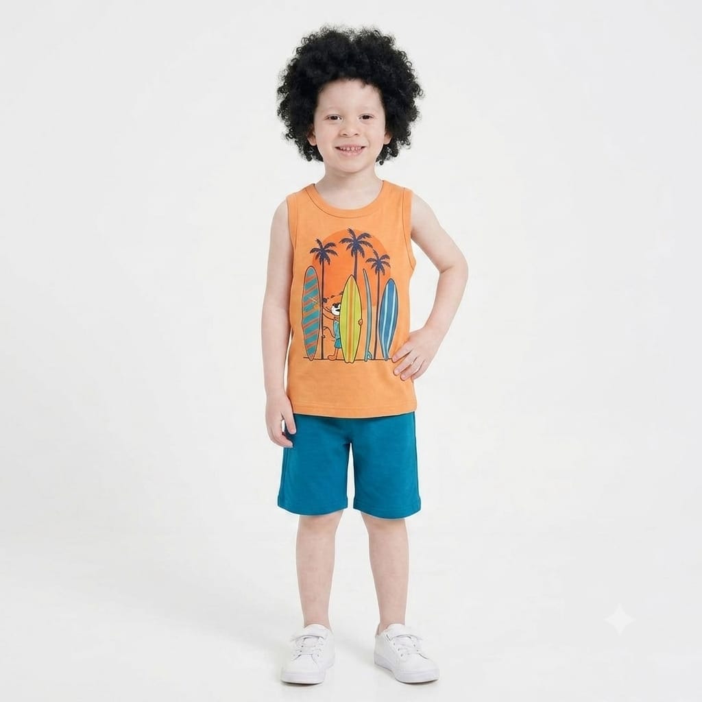 Boys Surfboards Summer Outfit – Sleeveless Tank Top & Shorts Set – Soft Cotton Beach Wear – Orange & Blue