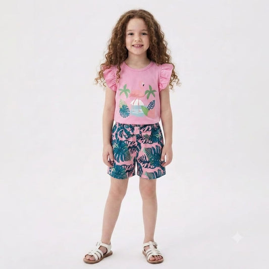 Girls Tropical Flamingo Set | ZN004G -  Pink Summer Outfit 🌴🦩