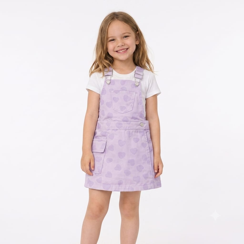 Girls Lavender Heart Print Pinafore Dress with White T-Shirt – Summer Outfit Set