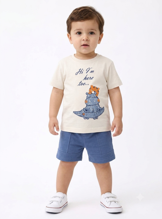 Playful Safari Graphic Tee & Blue Shorts Set
 B102-6B
