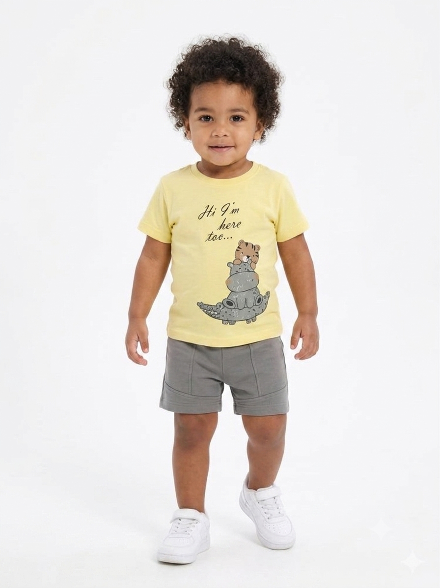 Boys Yellow Dino Print T-Shirt with Grey Shorts Set – Summer Outfit Set