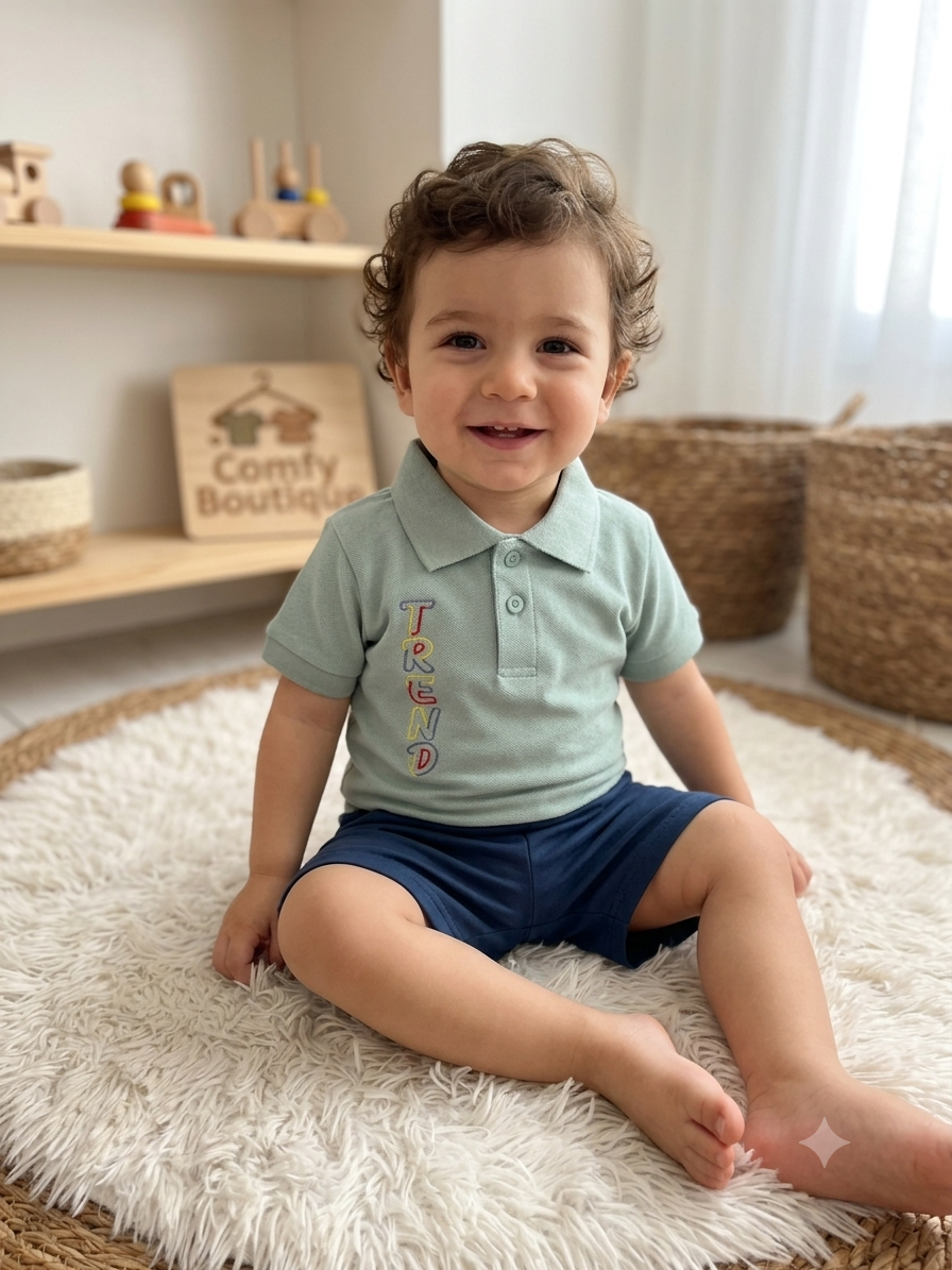 Toddler Boys Polo Summer Set – Mint Green Polo Shirt & Blue Shorts