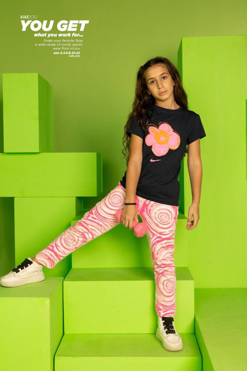 Girls Black Flower Sports Set – Kids Cotton T-Shirt & Pink Printed Leggings | Activewear Outfit|B1602