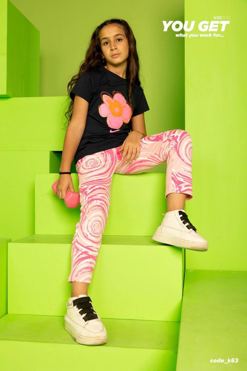 Girls Black Flower Sports Set – Kids Cotton T-Shirt & Pink Printed Leggings | Activewear Outfit|B1602