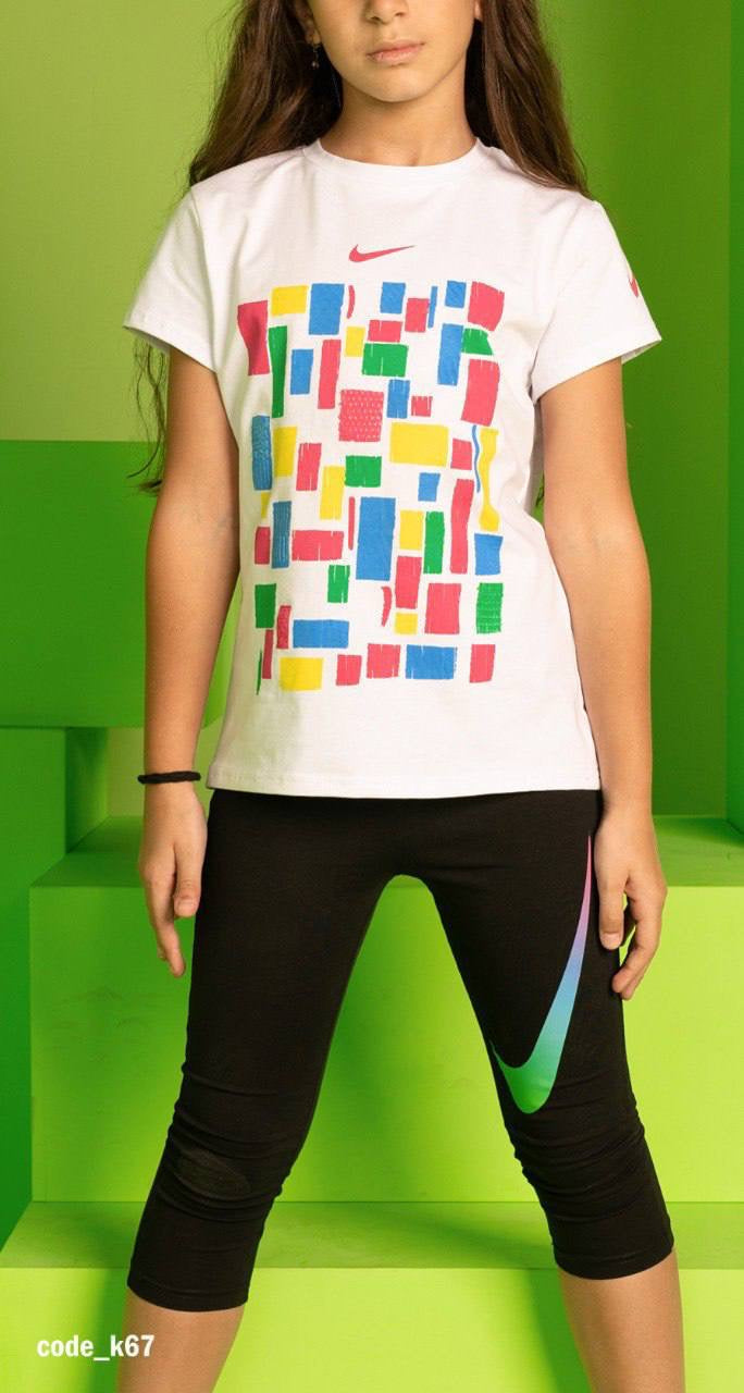 Girls White Graphic Sports Set – Kids Cotton T-Shirt & Black Capri Leggings | Casual Activewear Outfit|B1604