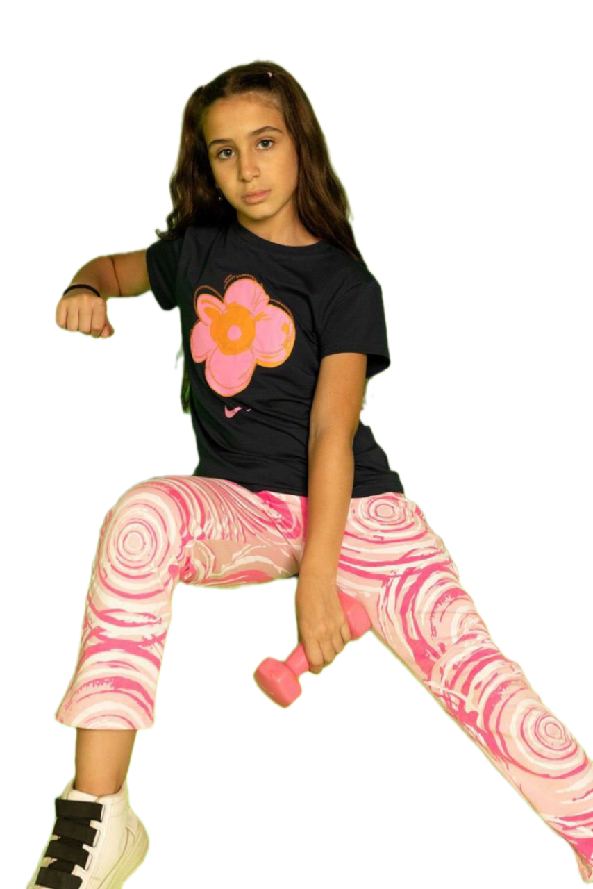 Girls Black Flower Sports Set – Kids Cotton T-Shirt & Pink Printed Leggings | Activewear Outfit|B1602