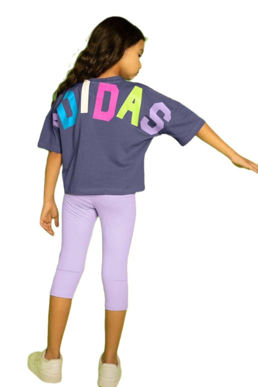 Girls Purple Sports Set – Oversized Cotton T-Shirt & Lilac Capri Leggings | Kids Casual Activewear Outfit|B0155