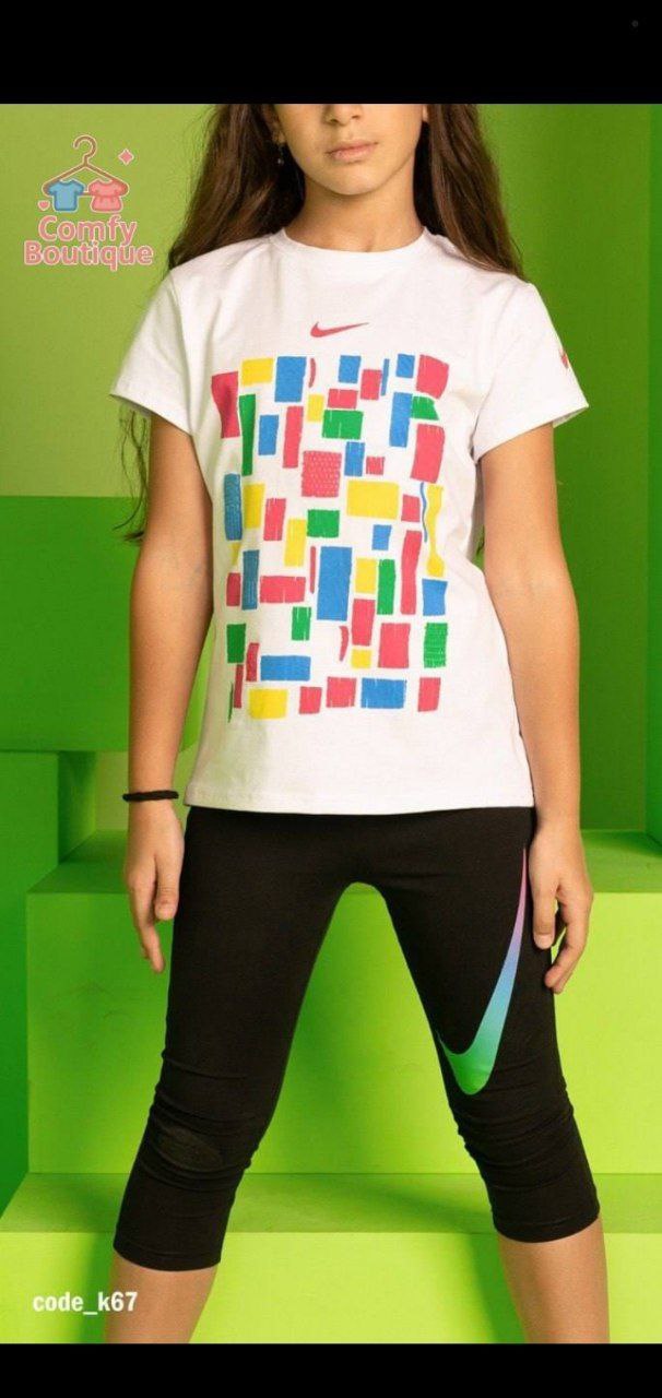 Girls White Graphic Sports Set – Kids Cotton T-Shirt & Black Capri Leggings | Casual Activewear Outfit|B1604