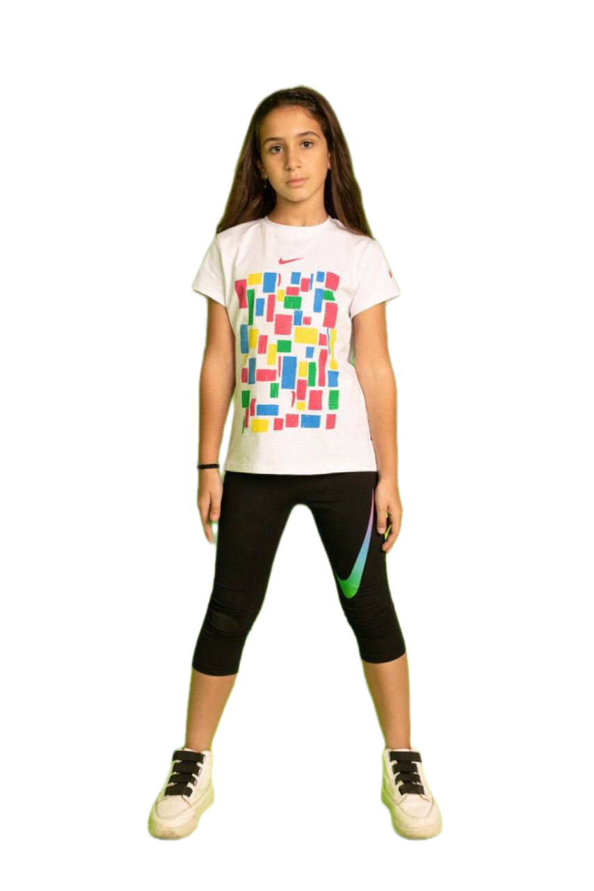 Girls White Graphic Sports Set – Kids Cotton T-Shirt & Black Capri Leggings | Casual Activewear Outfit|B1604