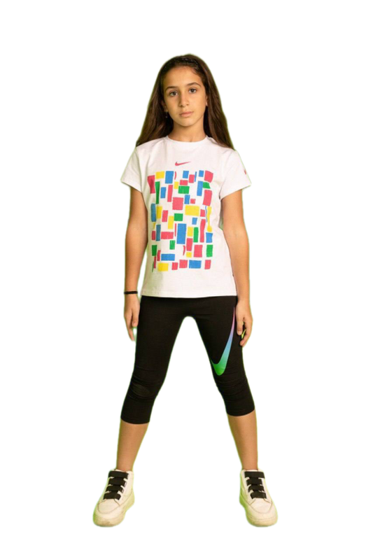 Girls White Graphic Sports Set – Kids Cotton T-Shirt & Black Capri Leggings | Casual Activewear Outfit|B1604