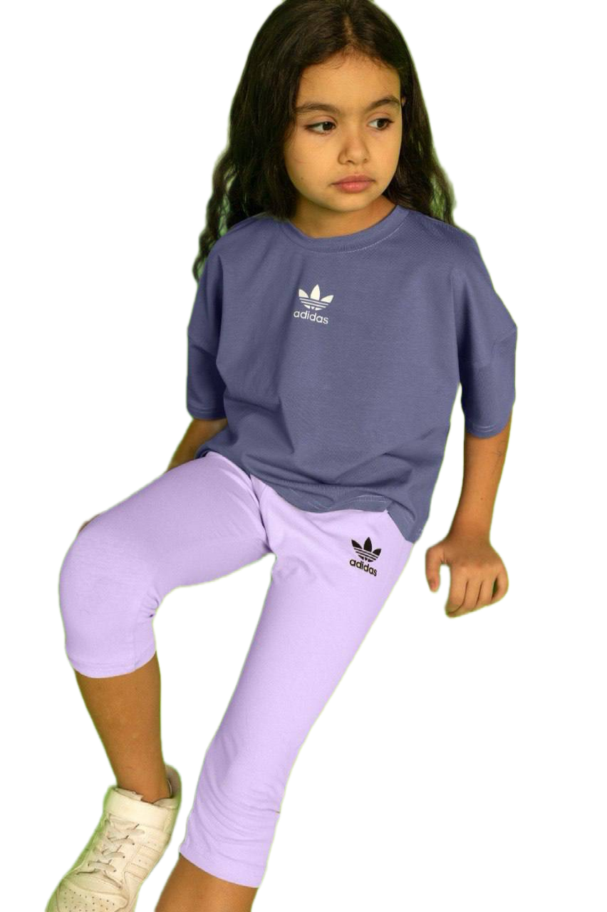 Girls Purple Sports Set – Oversized Cotton T-Shirt & Lilac Capri Leggings | Kids Casual Activewear Outfit|B0155