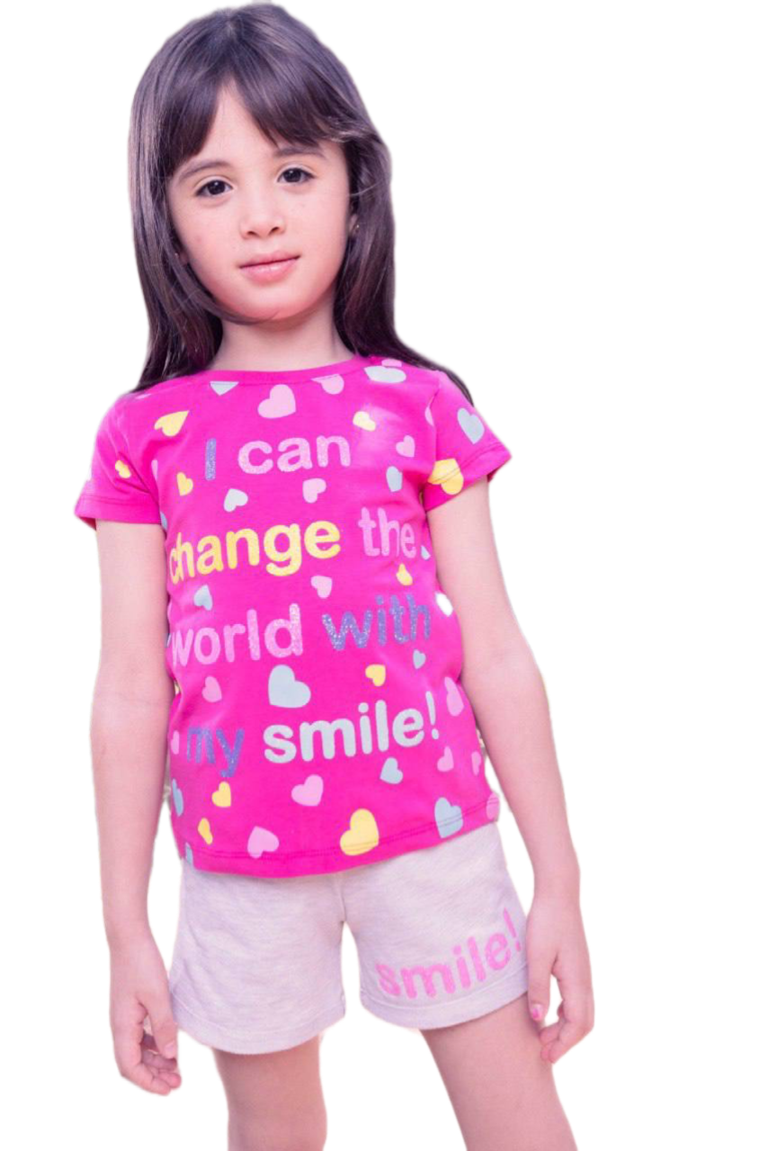 Girls Pink Heart Print Summer Set – Cotton Graphic T-Shirt & Beige Shorts | Kids Casual Outfit|B224