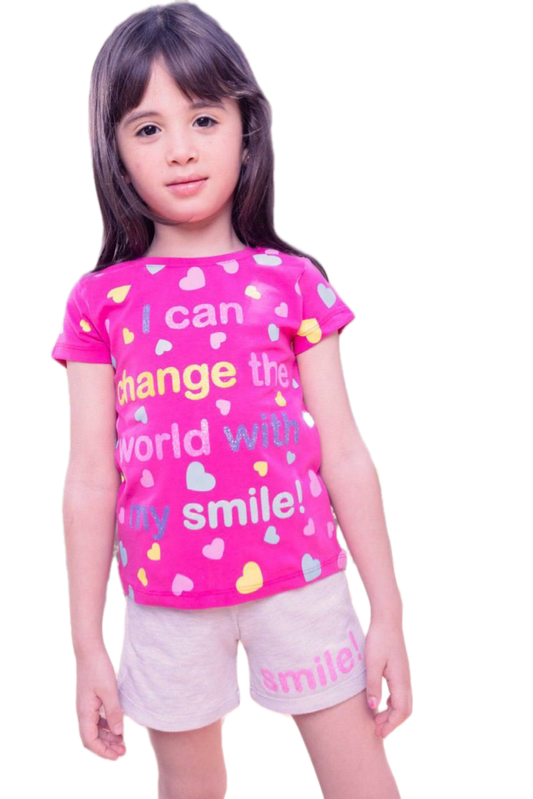 Girls Pink Heart Print Summer Set – Cotton Graphic T-Shirt & Beige Shorts | Kids Casual Outfit|B224