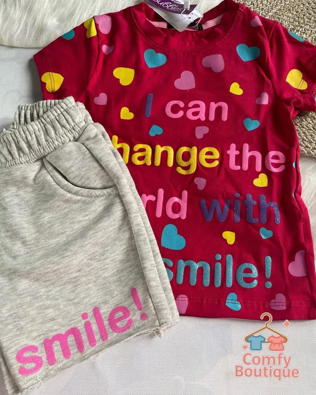 Girls Pink Heart Print Summer Set – Cotton Graphic T-Shirt & Beige Shorts | Kids Casual Outfit|B224