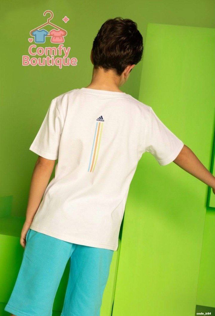 Adidas Kids White T-Shirt & Aqua Shorts Set – Casual Summer Outfit for Boys | B1609