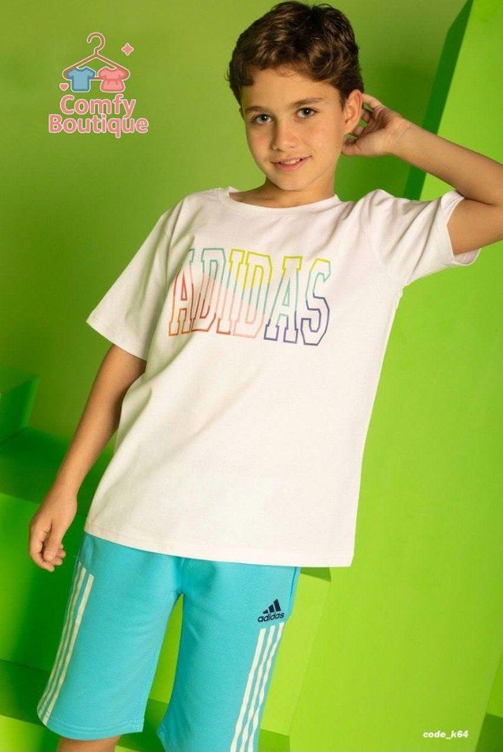 Adidas Kids White T-Shirt & Aqua Shorts Set – Casual Summer Outfit for Boys | B1609