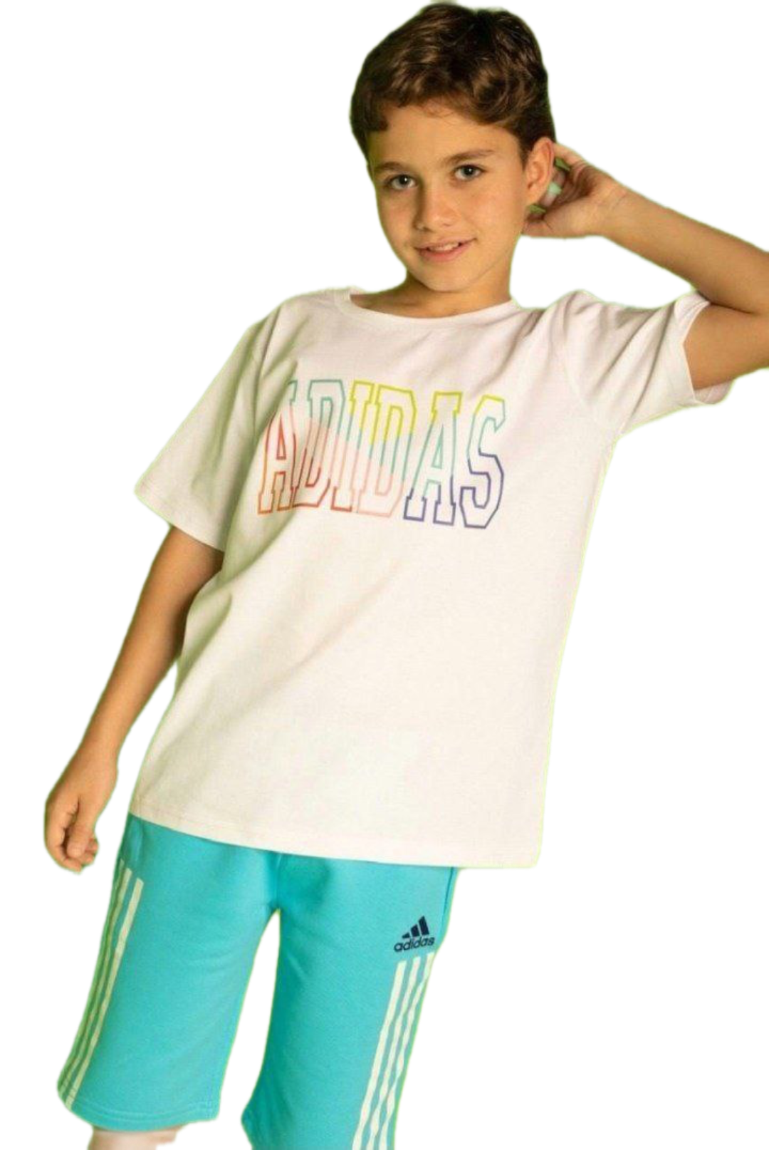 Adidas Kids White T-Shirt & Aqua Shorts Set – Casual Summer Outfit for Boys | B1609