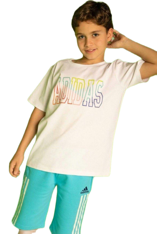 Adidas Kids White T-Shirt & Aqua Shorts Set – Casual Summer Outfit for Boys | B1609