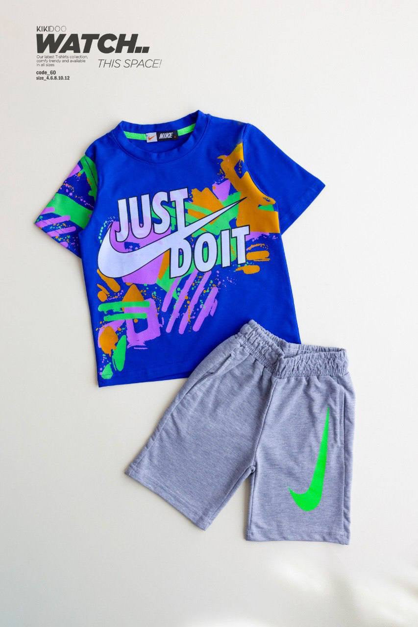 Nike Just Do It Boys Summer Outfit Set – Blue Graphic T-Shirt & Grey Shorts |B1601