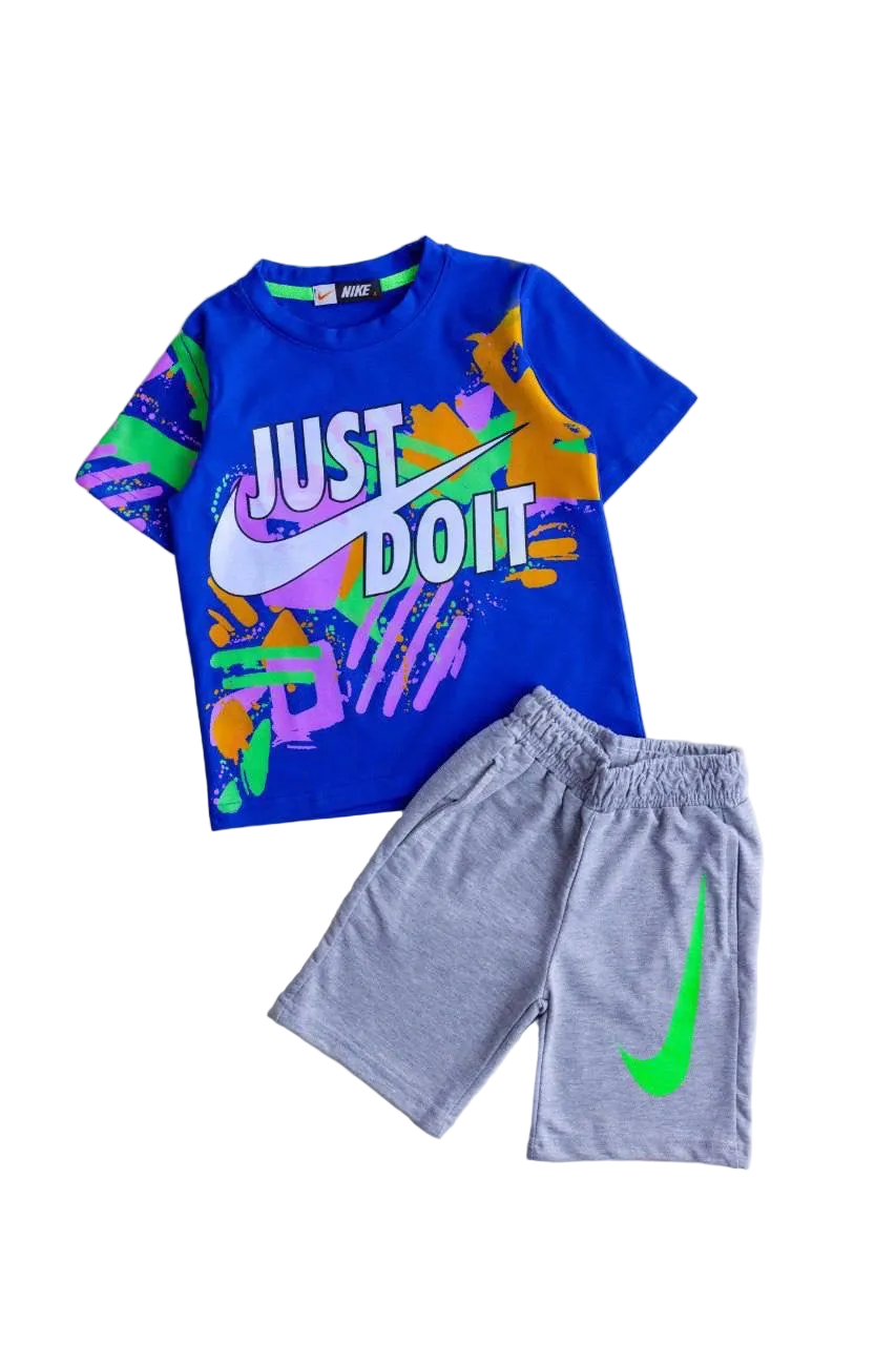 Nike Just Do It Boys Summer Outfit Set – Blue Graphic T-Shirt & Grey Shorts |B1601