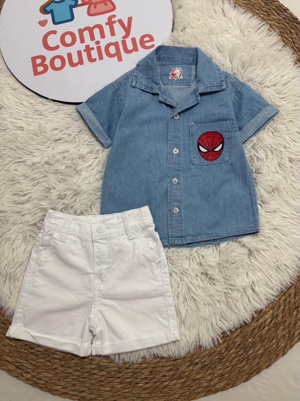 Spider-Man Boys Denim Shirt & White Shorts Set