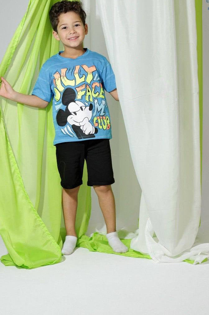 Disney Mickey Mouse Boys Summer Outfit Set – Blue Graphic T-Shirt & Black Shorts | Soft Cotton |B311