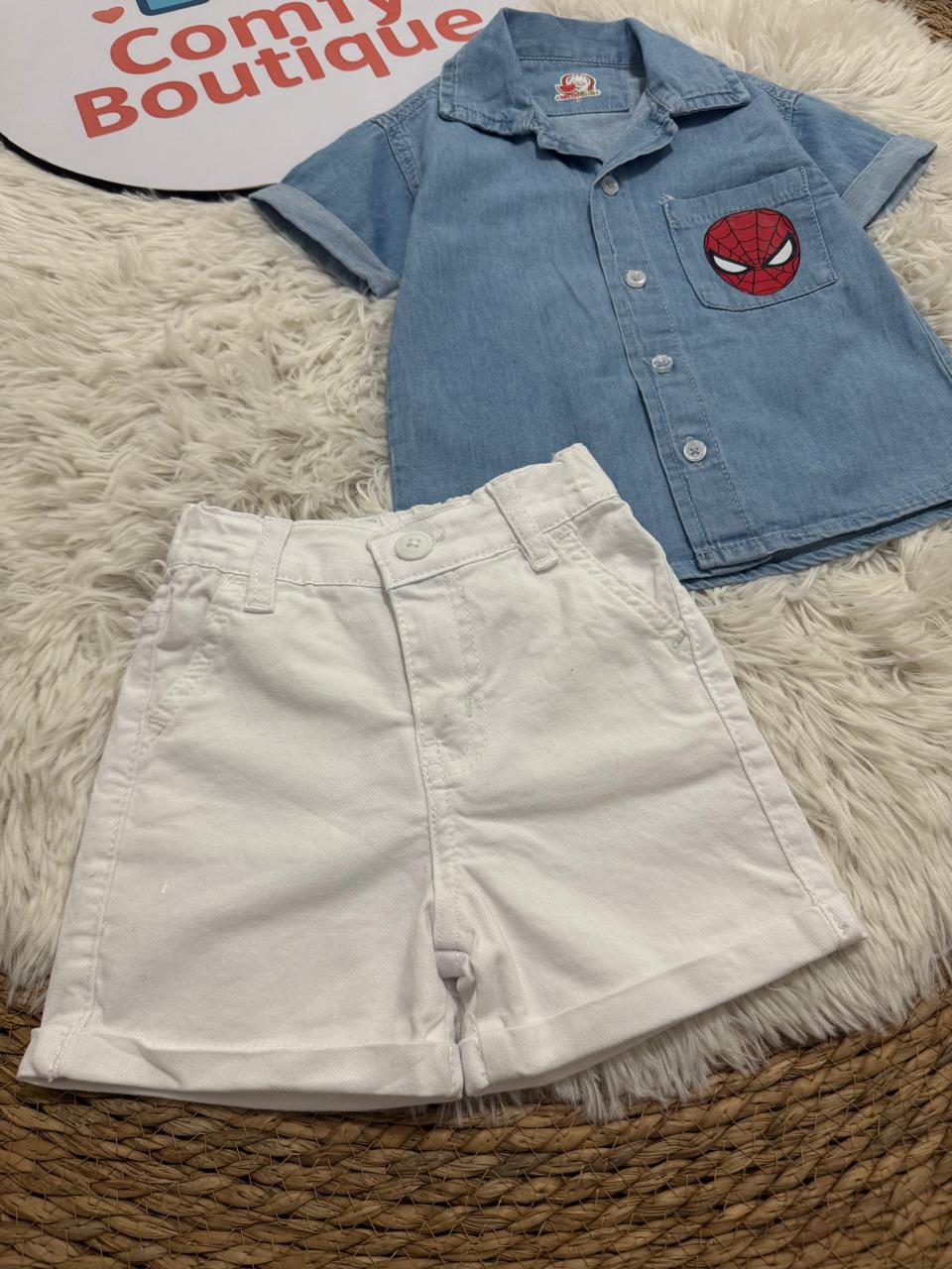 Spider-Man Boys Denim Shirt & White Shorts Set