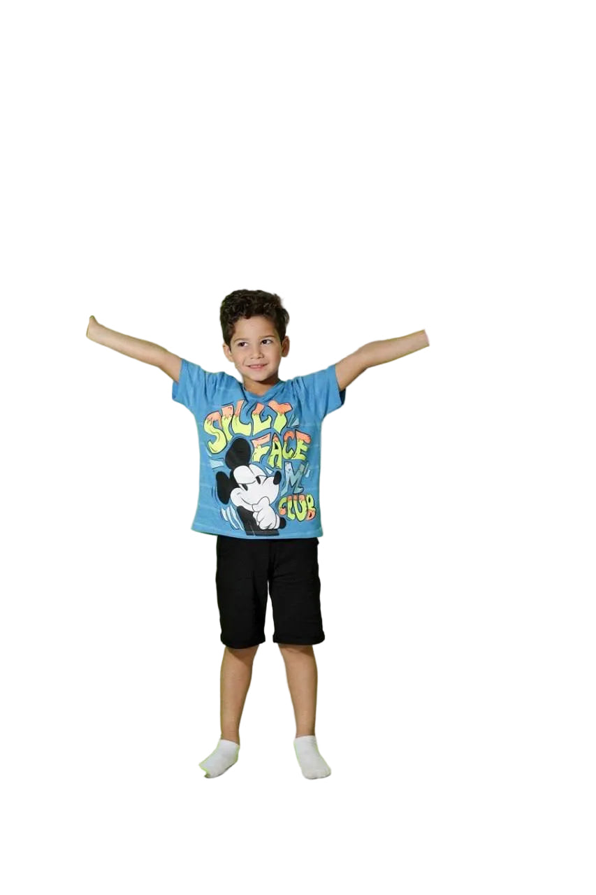 Disney Mickey Mouse Boys Summer Outfit Set – Blue Graphic T-Shirt & Black Shorts | Soft Cotton |B311