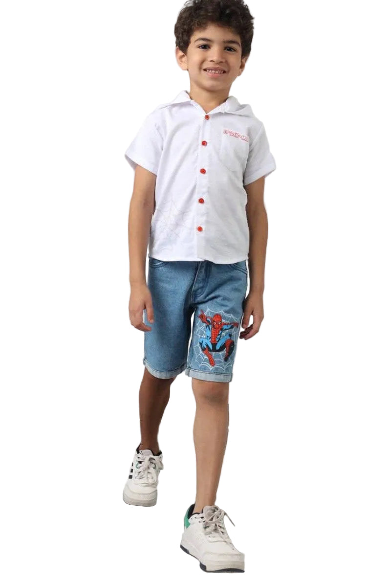 Marvel Spider-Man Boys Summer Outfit – White Button-Up Shirt & Denim Shorts Set | Casual Kids Clothing | B1102