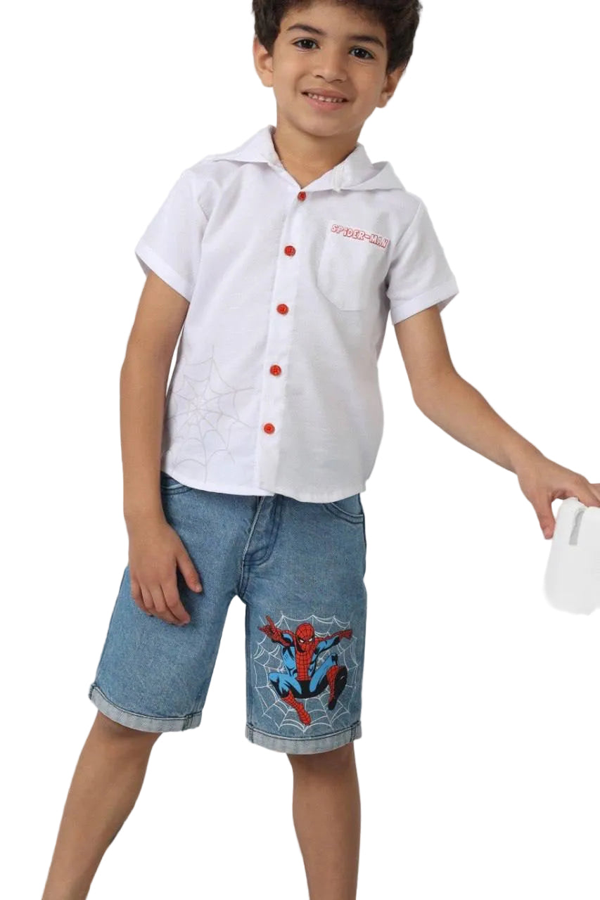 Marvel Spider-Man Boys Summer Outfit – White Button-Up Shirt & Denim Shorts Set | Casual Kids Clothing | B1102