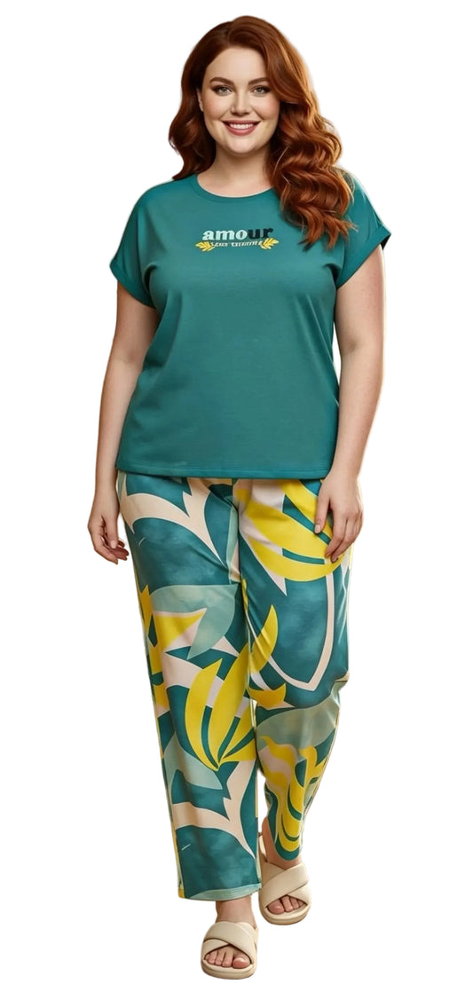 Plus Size Women’s Summer Pajama Set – SM9053 - Teal Short Sleeve T-Shirt & Printed Wide Leg Lounge Pants | Soft Comfortable Sleepwear|SM9053