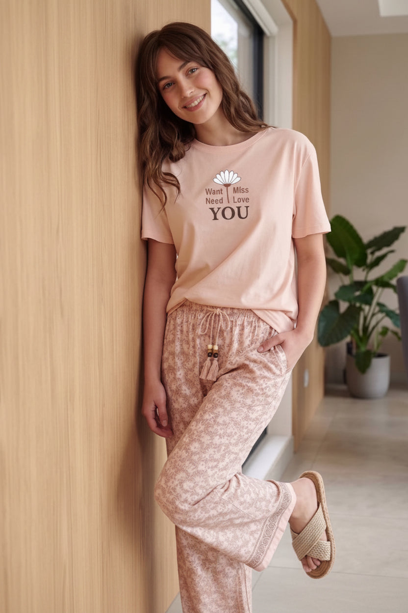 Women’s Summer Pajama Set – Peach Short Sleeve T-Shirt & Printed Wide Leg Lounge Pants | Soft Cotton Sleepwear | SM6170
