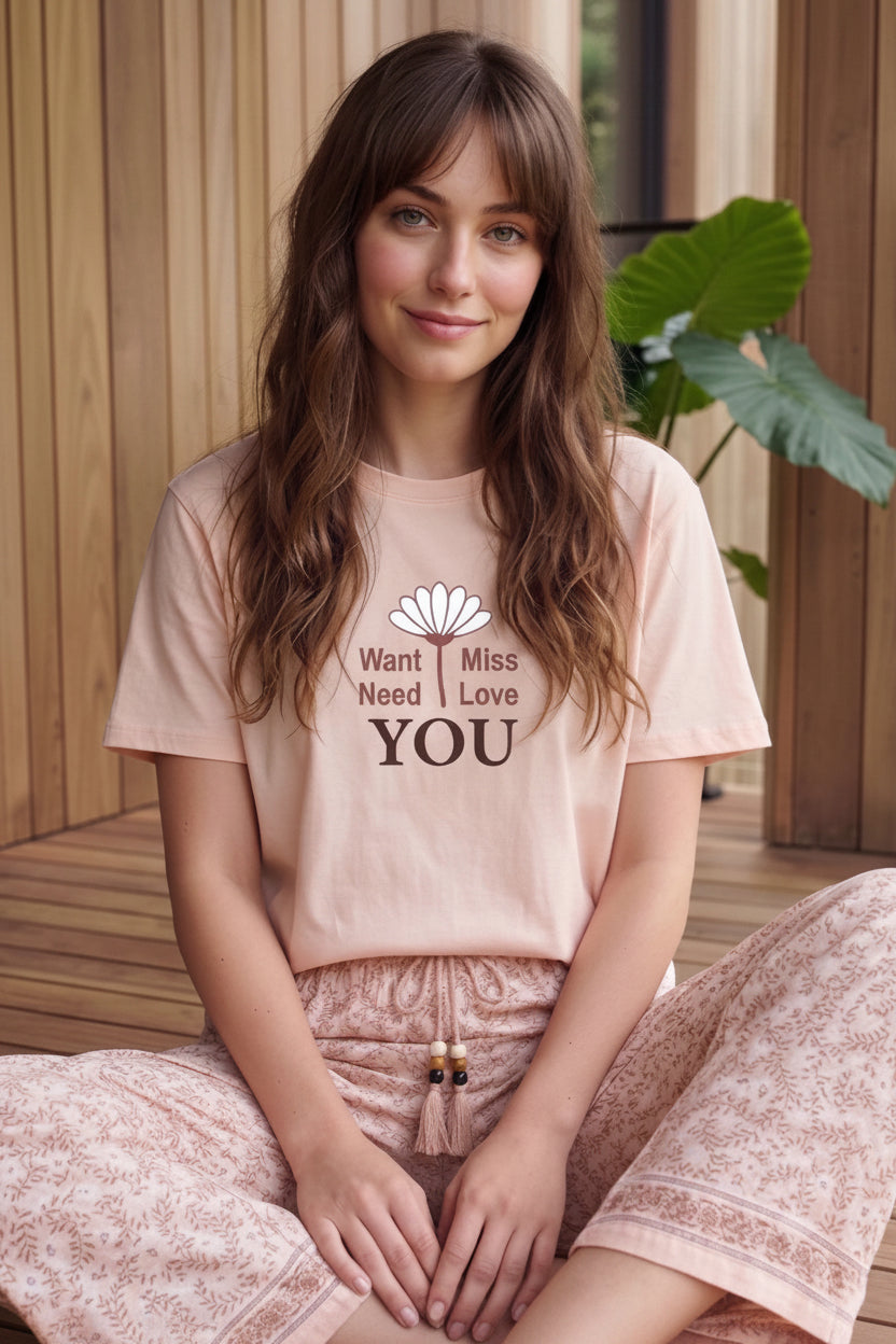 Women’s Summer Pajama Set – Peach Short Sleeve T-Shirt & Printed Wide Leg Lounge Pants | Soft Cotton Sleepwear | SM6170