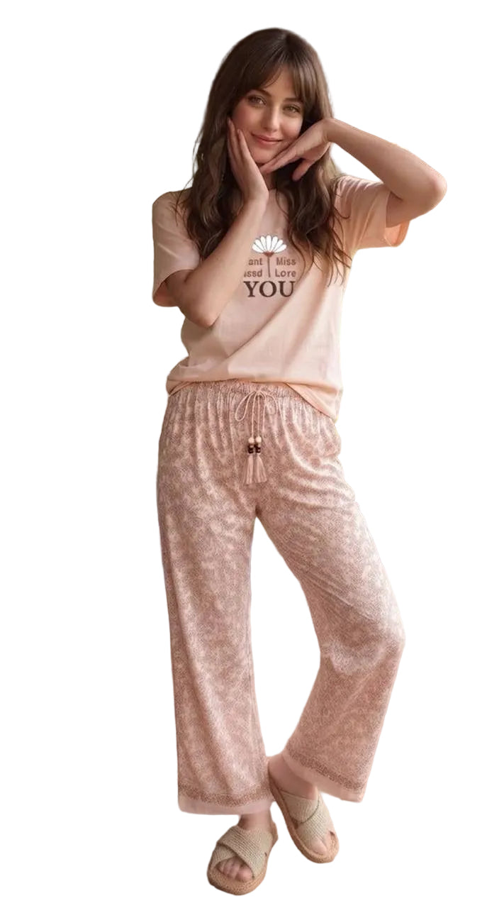 Women’s Summer Pajama Set – Peach Short Sleeve T-Shirt & Printed Wide Leg Lounge Pants | Soft Cotton Sleepwear | SM6170